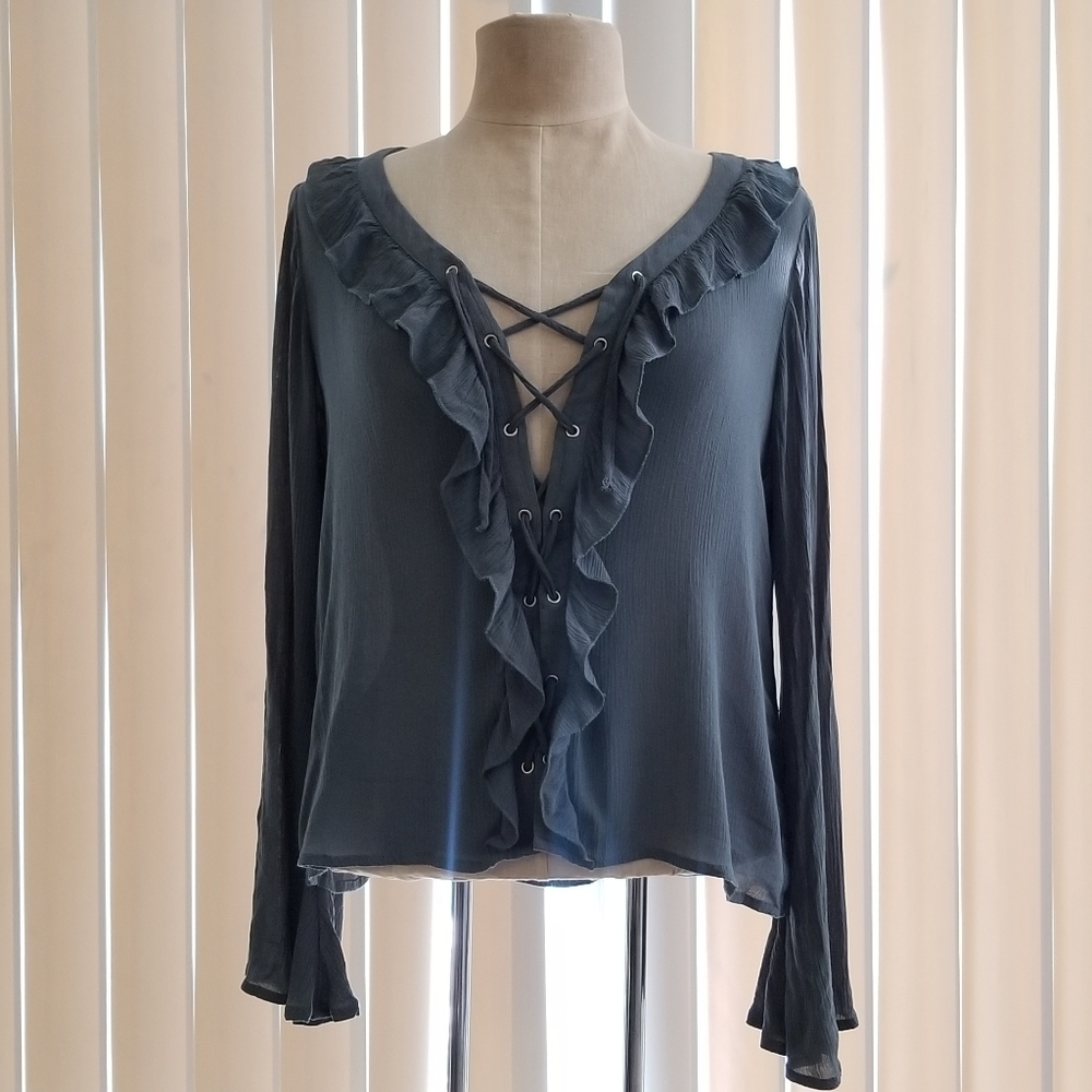 AEO Lace Up Bell Sleeve Ruffle Tunic Top Romantic